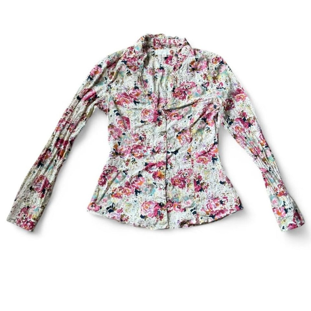 Y2K Guess Floral Blouse Women's Size XS Ruffle Corset Boho Cotton V Neck Pink
